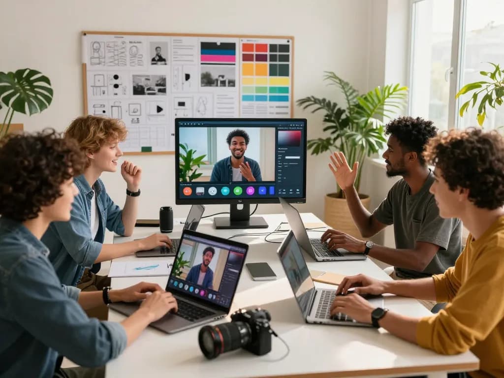 Content creators using ai seedance 2.0 for professional video generation in a vibrant workspace.