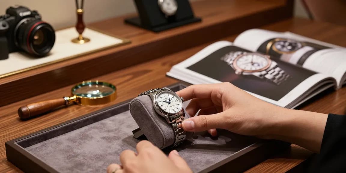 Replica watch elegantly displayed on velvet, showcasing craftsmanship and luxury.