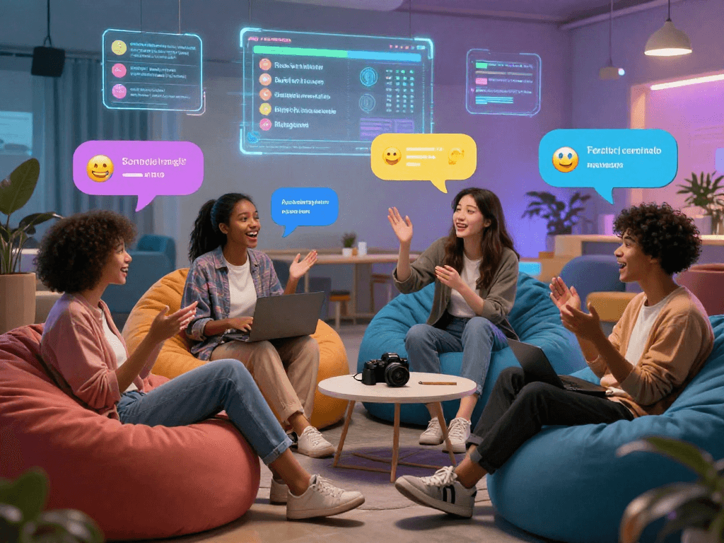 Engaging AI chat interactions scene highlighting diverse users participating in lively conversations with avatars, showcasing ai chat porn dynamics.