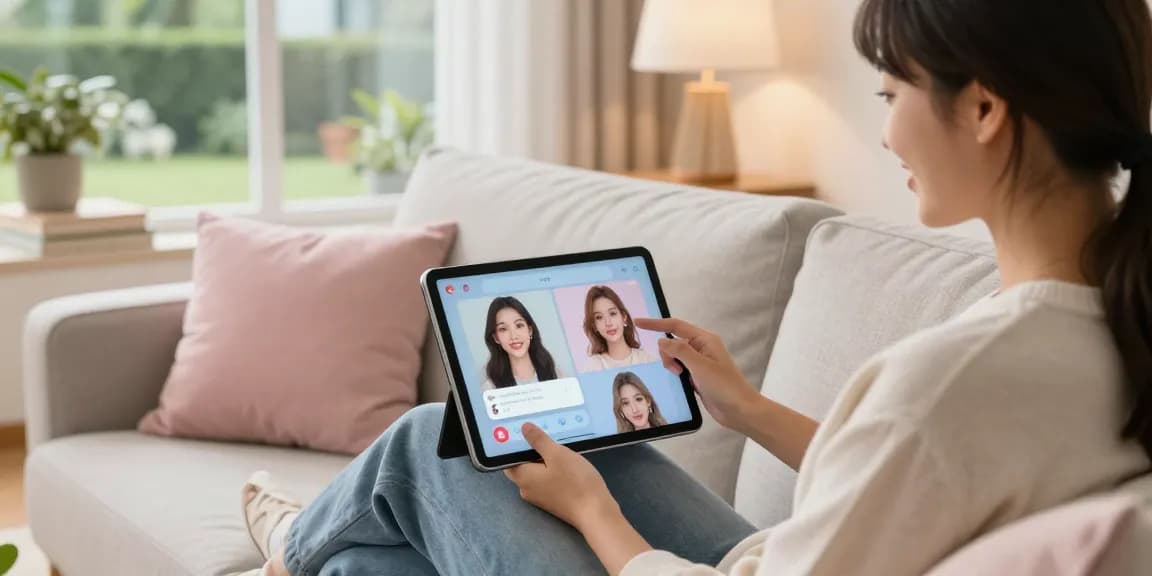 Engaged user interacting with an AI girlfriend app on a tablet in a cozy living room.