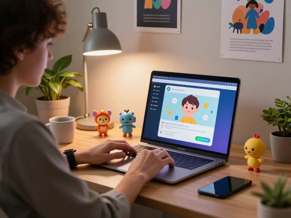 Engaging ai porn chat scene with interactive AI characters in a cozy home office.